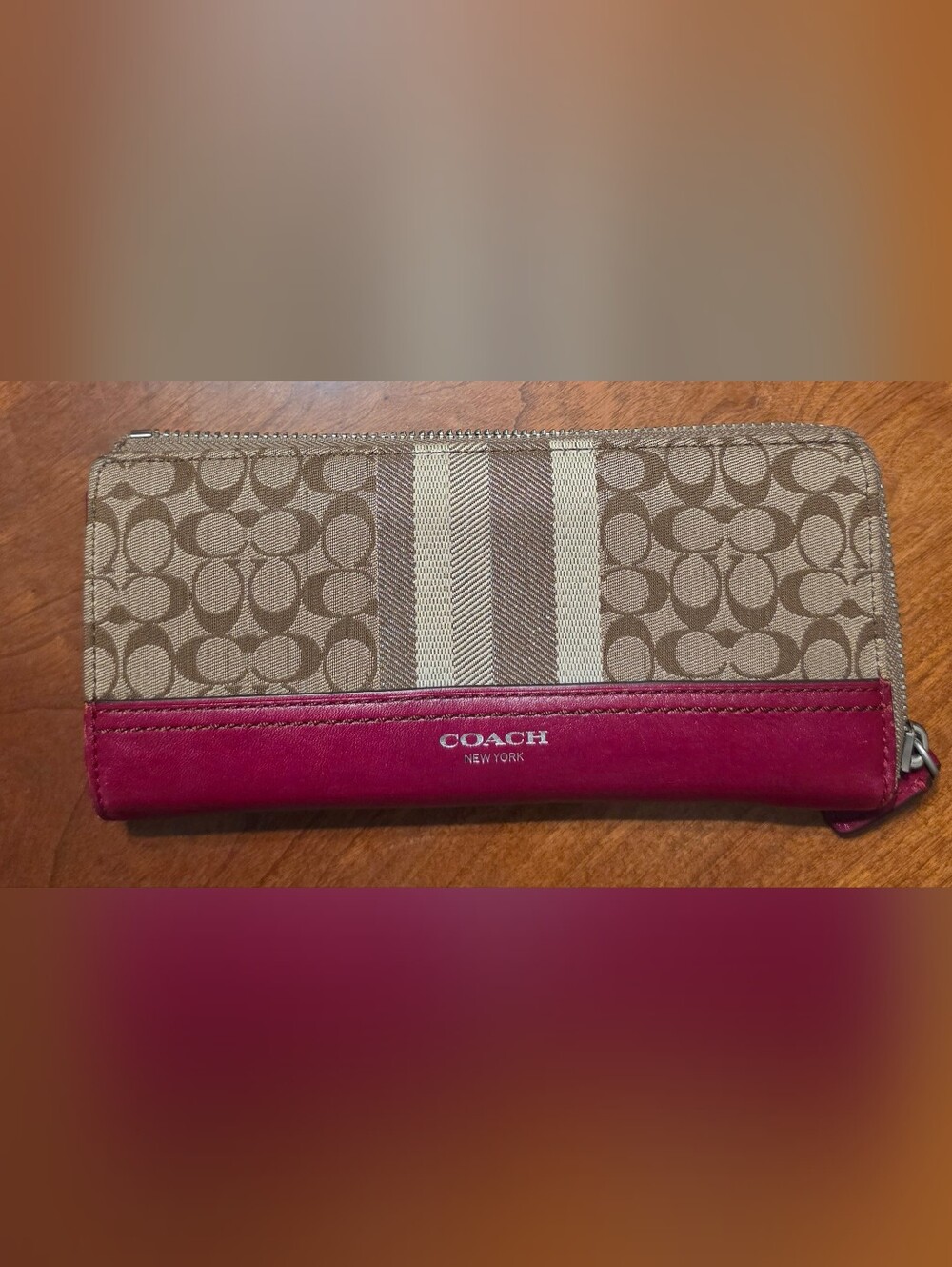 Coach Signature Stripe Canvas Red Leather Zip Wallet Accordion Clutch